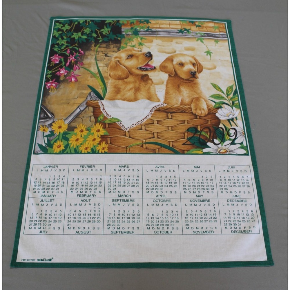 Vintage Cotton Tea Towel Calendar Europe 2009 Yellow Labs In A Basket Puppies
